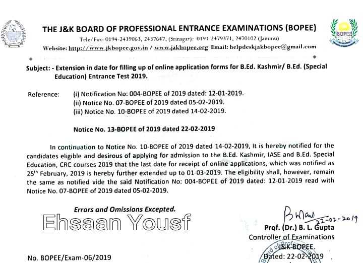 J&K BOPEE: Last date to apply for B.Ed (Kashmir) and B.Ed (Special Education) entrance test extended upto March 01, 2019