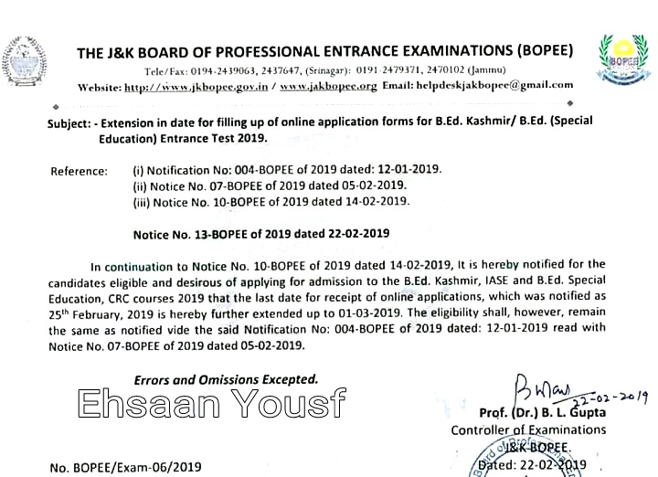 J&K BOPEE: Last date to apply for B.Ed (Kashmir) and B.Ed (Special Education) entrance test extended upto March 01, 2019
