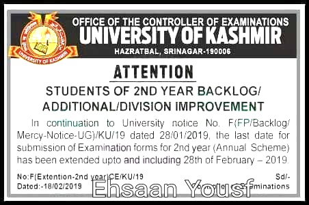 KU: Last date to submit 2nd Year (Annual Scheme) exam forms extended upto 28/02/2019