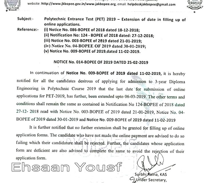 J&K BoPEE: Last date to apply for 03-Year Diploma Polytechnic Entrance Test extended upto March 06, 2019