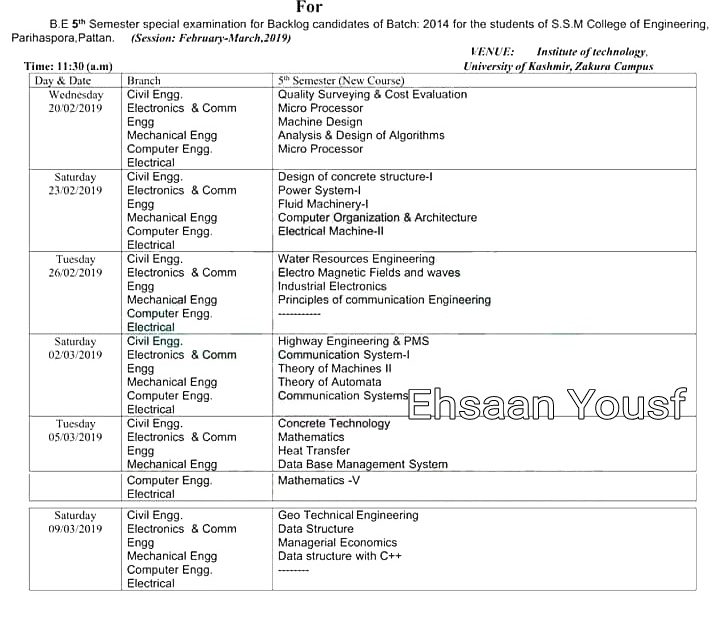 Revised Date-Sheet for B.E 5th Semester (Special Examination) of Backlog students Batch 2014 enrolled through SSM College