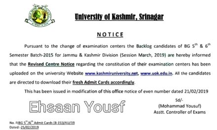 KU: Notice regarding REVISED CENTRE NOTICE and ADMIT CARDS of B.G 5th & 6th Semester (Backlog) Batch 2015