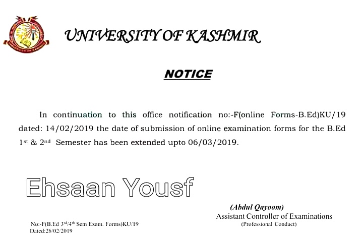 KU: Last date to submit B.Ed 1st & 2nd Semester examination forms extended upto March 06, 2019