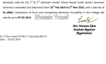 KU: Extension Notice for Admission (Under Choice Based Credit System-Semester Scheme) for Under Graduate Ist semester of 2019