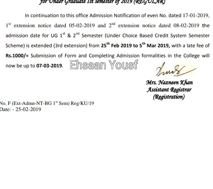 KU: Extension Notice for Admission (Under Choice Based Credit System-Semester Scheme) for Under Graduate Ist semester of 2019