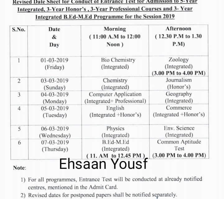 Cluster university of Srinagar: Revised Date sheet for earlier postponed papers of Entrance Test