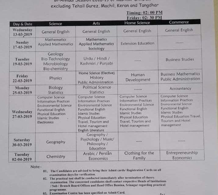 JKBOSE: REVISED Date Sheet for Class  12th.