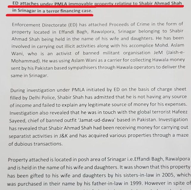 Enforcement Directorate attaches property of Hurriyat leader Shabir Shah in Srinagar