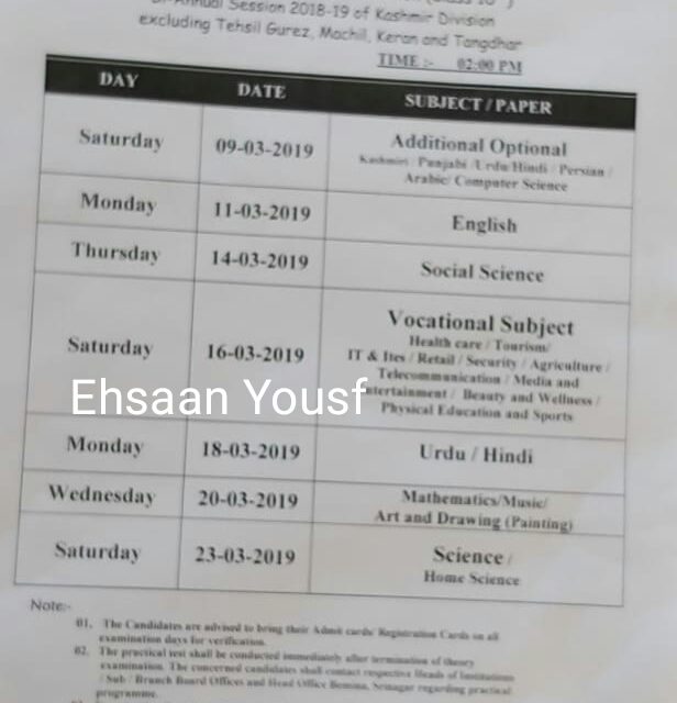 JKBOSE: Revised Date-Sheet for Class 10th (Bi-annual 2018-19) Examination Kashmir Division.