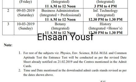 Cluster University Srinagar: Date Sheet of Postponed Papers for Entrance Test-2019