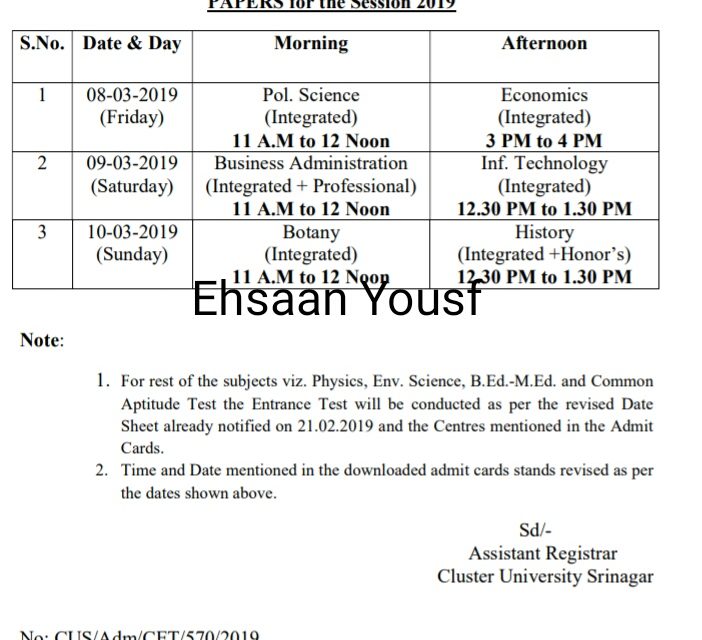 Cluster University Srinagar: Date Sheet of Postponed Papers for Entrance Test-2019