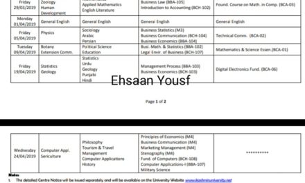 KU:. Date-Sheet for B.G 1st Year (Backlog/Division Improvement/Additional/Mercy Chance)examination for candidates of Kashmir & Jammu – (Session: March-April 2019)