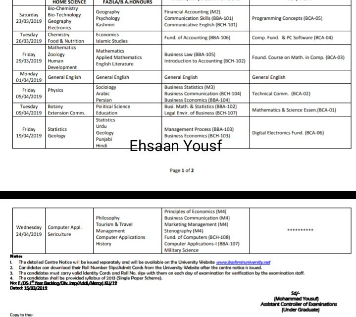 KU:. Date-Sheet for B.G 1st Year (Backlog/Division Improvement/Additional/Mercy Chance)examination for candidates of Kashmir & Jammu – (Session: March-April 2019)