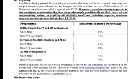 KU: PG ENTRANCE TEST-2019 : On-line Applications are invited from the eligible candidates (Bachelors) for appearing in Kashmir University Entrance Test