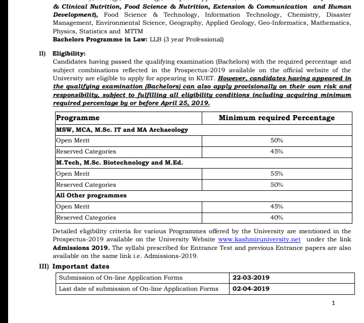 KU: PG ENTRANCE TEST-2019 : On-line Applications are invited from the eligible candidates (Bachelors) for appearing in Kashmir University Entrance Test