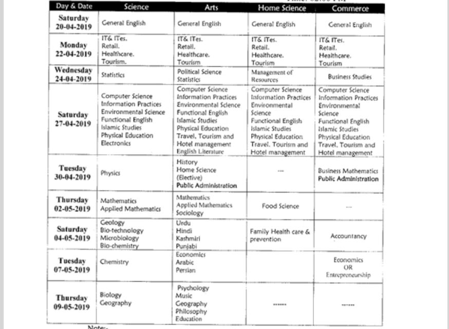 JKBOSE: Datesheet for HSE-I (Class 11th) Bi-Annual 2018-19 of Kashmir Division.