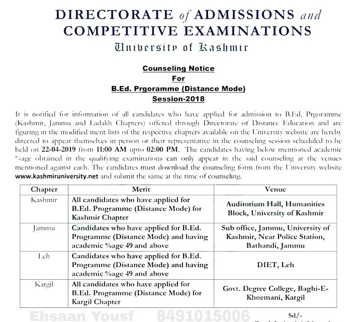 KU: Notice regarding counselling for admission to B.Ed (Distance) Programme – Session 2018