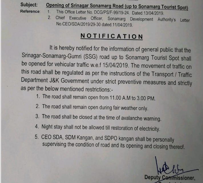 Srinagar-Sonamarg road to be opened from April 15