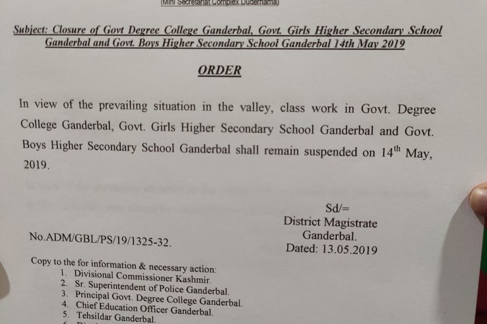 Classwork in Govt. Degree College Ganderbal, Govt Girls Hr Sec School Ganderbal and Govt. Boys Hr Sec School Ganderbal shall remain suspended tomorrow on 14th May 2019.