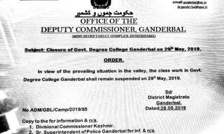 The Class Work In Government Degree College Ganderbal Shall Remain Suspended on 29th May 2019