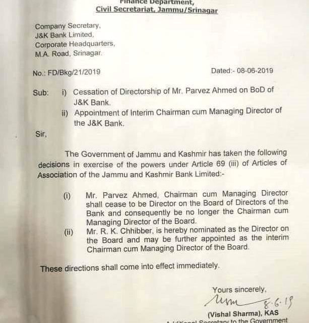 Pervez Ahmad removed as chairman J&K Bank, RK Chhibber nominated interim chairman