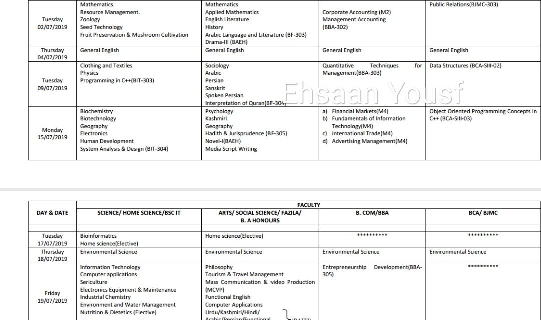 KU: Date Sheet for BG 2nd & 3rd Semester (Session June-July, 2019) for eligible Backlog Candidates of Jammu & Kashmir 2015 Batch