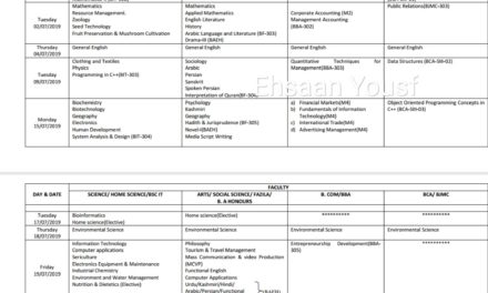 KU: Date Sheet for BG 2nd & 3rd Semester (Session June-July, 2019) for eligible Backlog Candidates of Jammu & Kashmir 2015 Batch