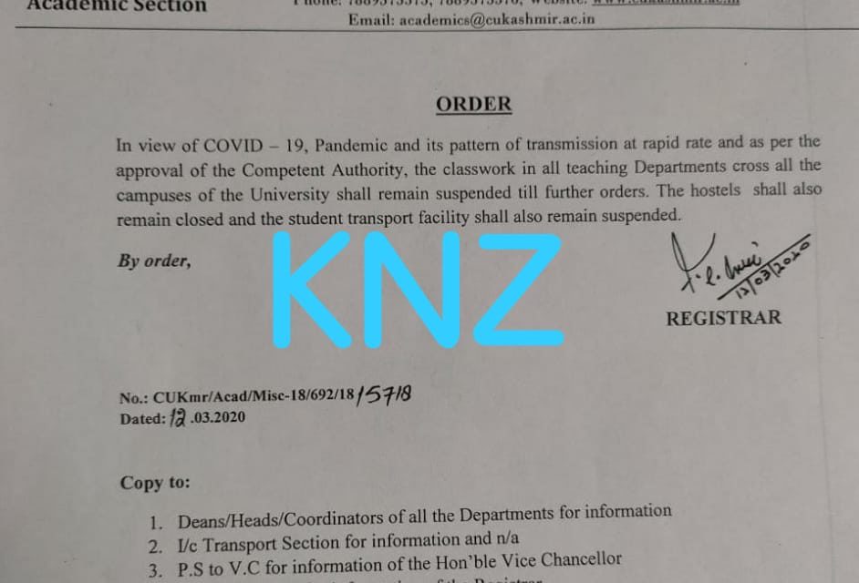Central University of Kashmir suspends class work till further order