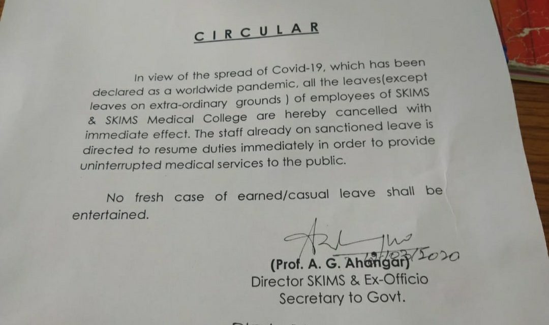 Coronavirus : SKIMS cancels leaves to its employees for uninterrupted health services to public