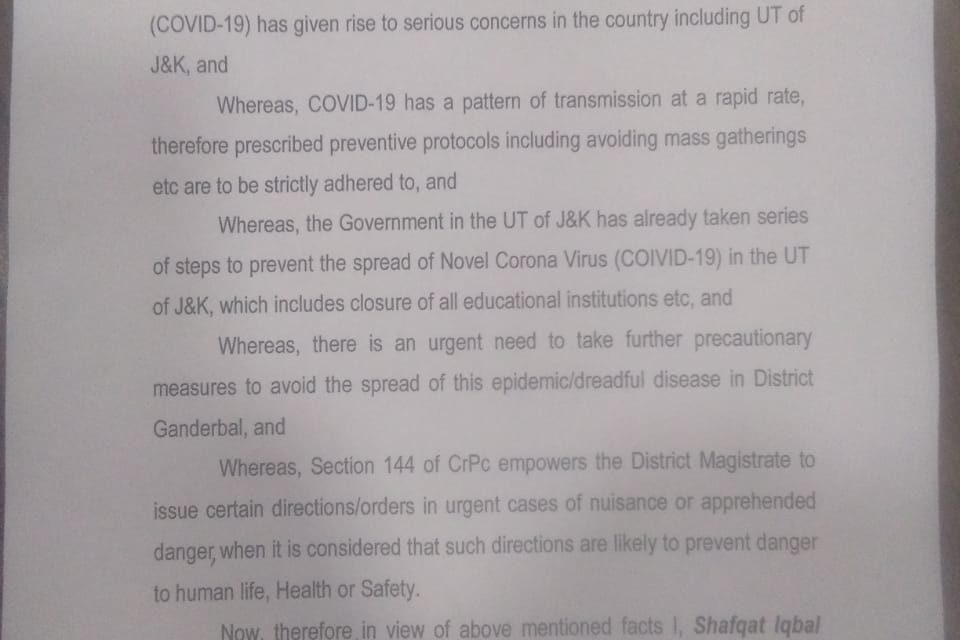Noval Corona Virus: Section 144 imposed in Ganderbal District