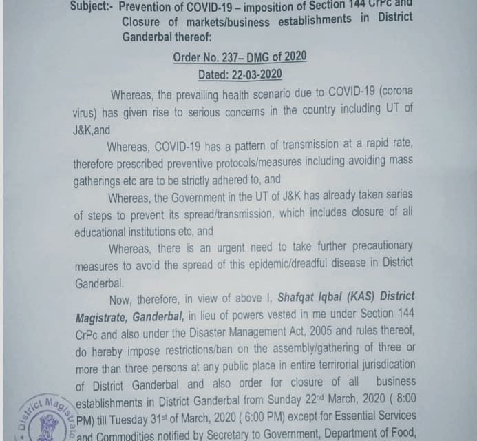 COVID-19-Restrictions imposed in Ganderbal district upto March 31