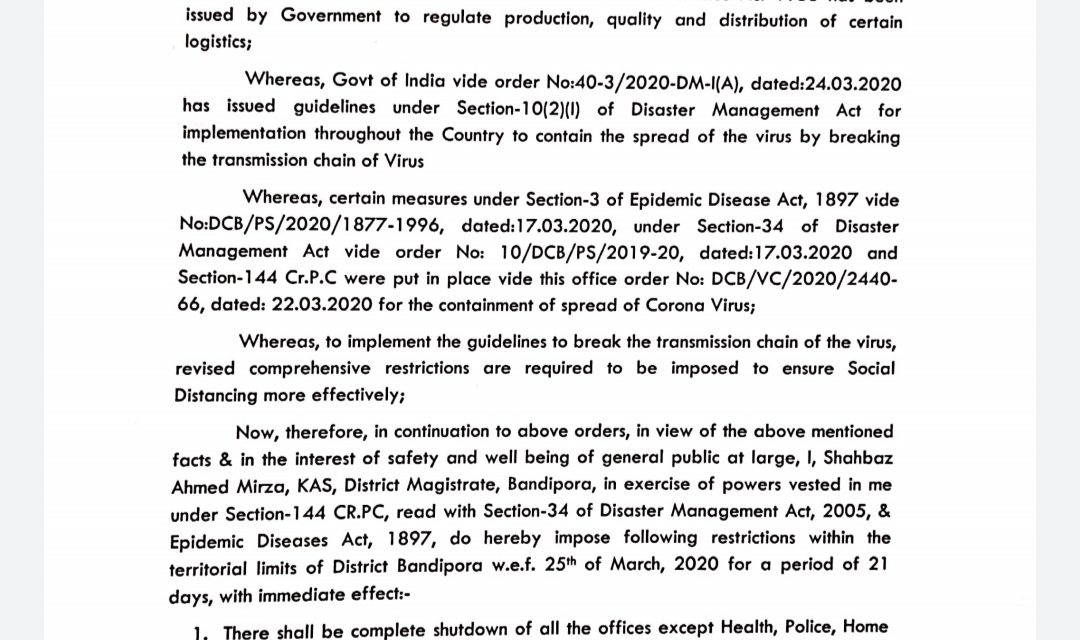 Strict restrictions ordered across Bandipora up to April 14;No religious congregation shall be permitted without any exception: DM