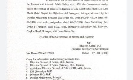 Mehbooba Mufti shifted to her Gupkar residence, kept under house detention