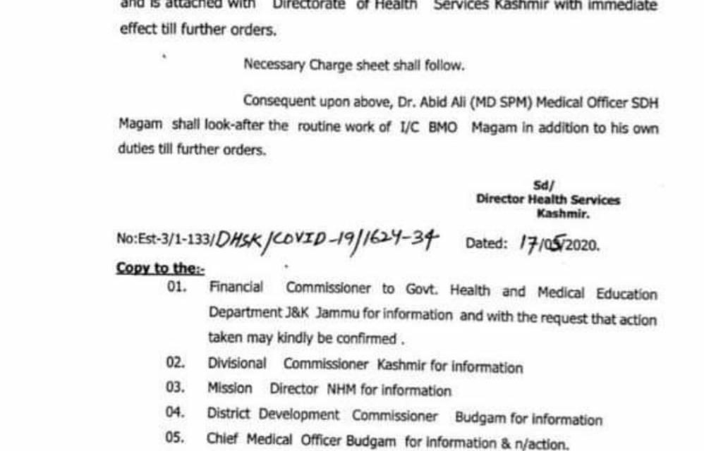 Block Medical Officer Magam Suspended for allowing a student to go home without waiting for his test report.