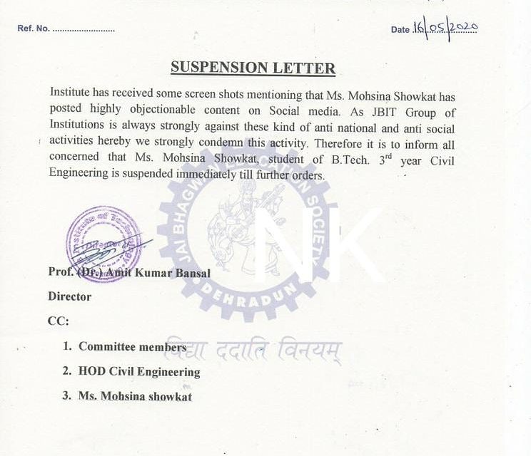 Dehradun College Suspends Kashmiri Girl Student Over Social Media Post