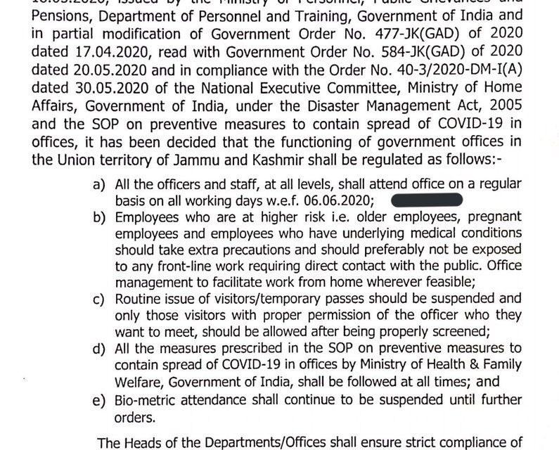 Govt Asks All Employees To Attend Offices From June 6
