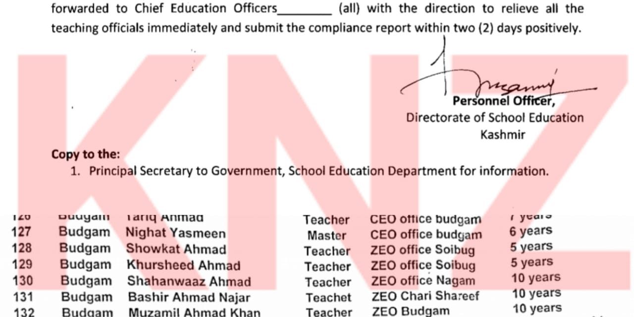 CEO Ganderbal disregards Principal Secretary Asgar Samoon’s direction relieve teaching officials