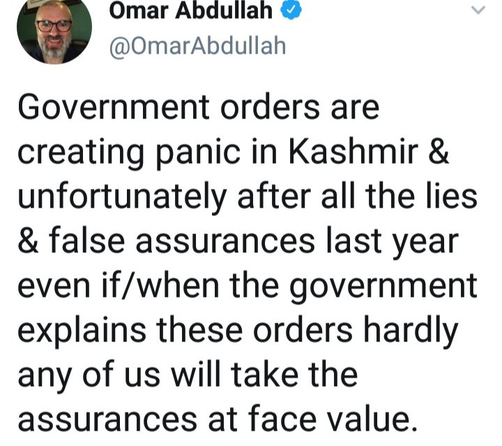 Govt orders creating panic in Kashmir; need clarity from admin: Omar