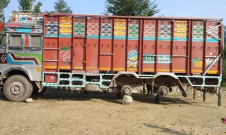 Truck stolen but found without tyres in Kulgam