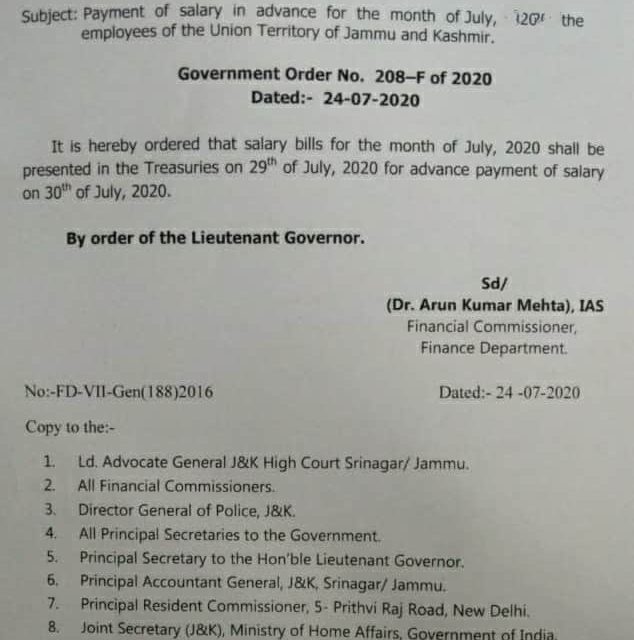 L.G Murmu announces advance salary for employees for the month of July