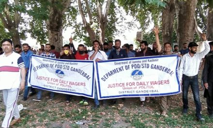 ‘PDD Daily-wagers Union Ganderbal’ stages protest,Demand regularization of services
