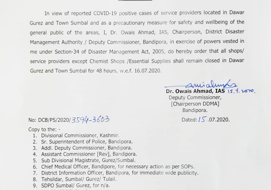 Shops closed in Sumbal, Dawar for two days as precautionary measure: DC Bandipora