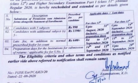 JKBOSE | Notification regarding extension of last date for submission of examination forms for 11th & 12th Class