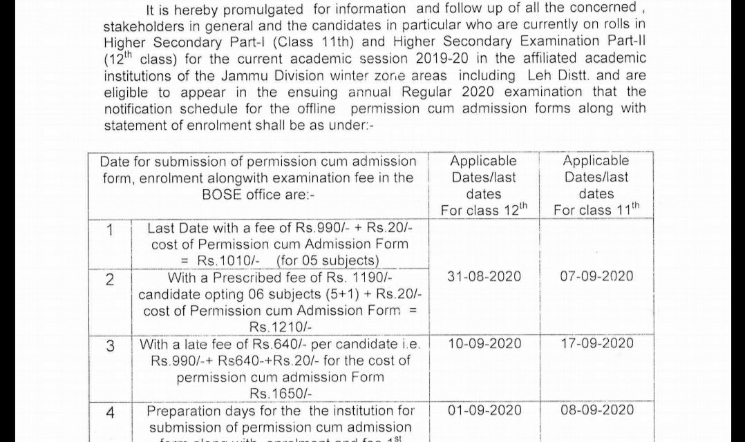 JKBOSE | SCHEDULE FOR SUBMISSION OF EXAMINATION FORMS FOR 11TH & 12TH CLASS (ANNUAL/REGULAR 2020)