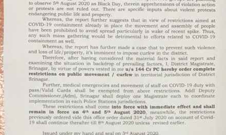 Curfew Ordered in Srinagar On Aug 4, 5, “Authorities Restrictions To Continue Till Aug 8