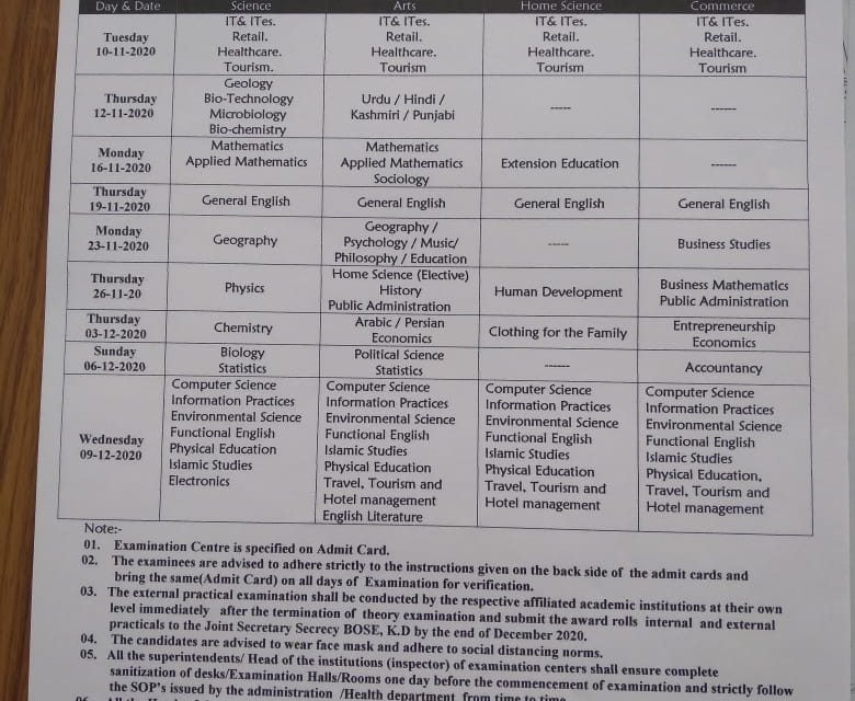 JKBose Issues DATE Sheet For 12th Annual Regular Kashmir Division