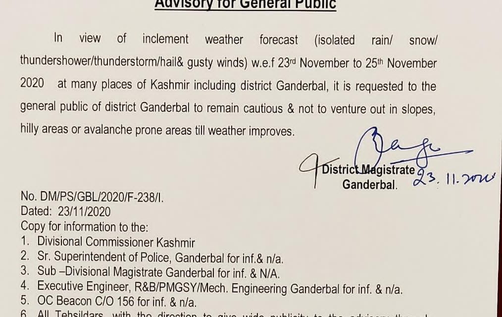 Inclement weather: District Administration Ganderbal issues weather advisory