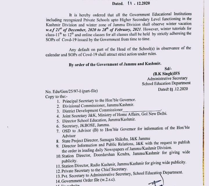 Govt Orders Winter Vacations From Dec 21 To Feb 28; Online Classes To Continue