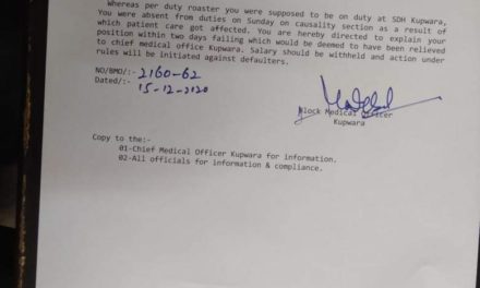 BMO Kupwara Seeks Explanation from Three Staffers Over ‘Absconding from Casuality Duty’