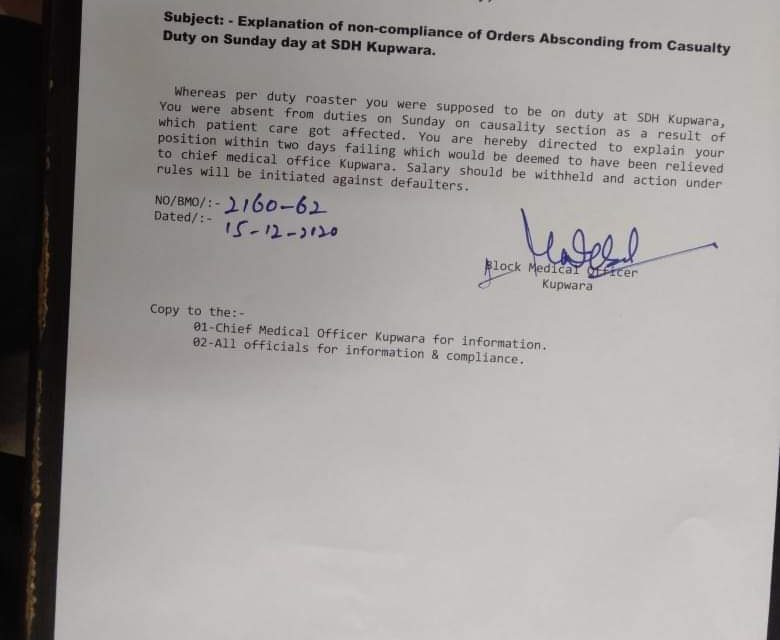 BMO Kupwara Seeks Explanation from Three Staffers Over ‘Absconding from Casuality Duty’